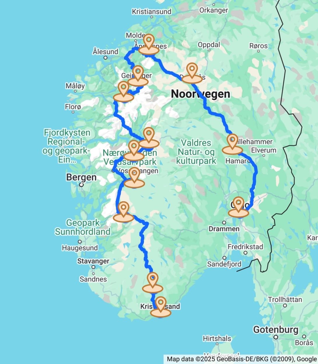 Routeoverzicht van de hoofdroute door Zuid-Noorwegen in Google Maps