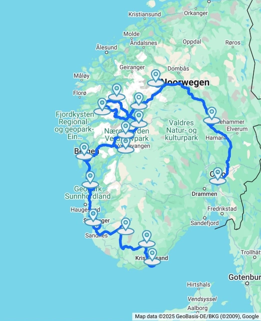 Routeoverzicht van de rondreis door Noorwegen van Bergen via Stavanger naar Oslo